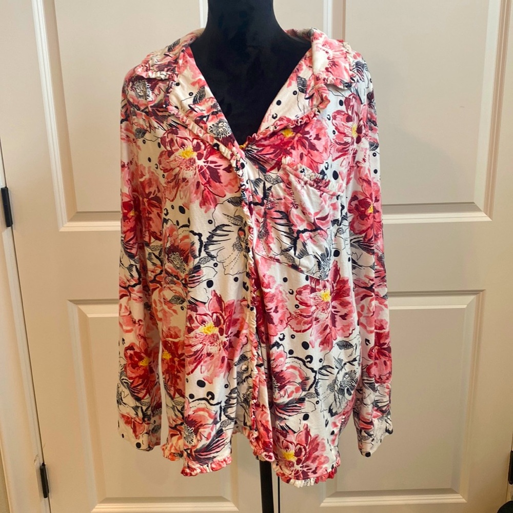 Soft Surroundings Cottagecore Button Down Floral with Ruffle Trim Sleep Top